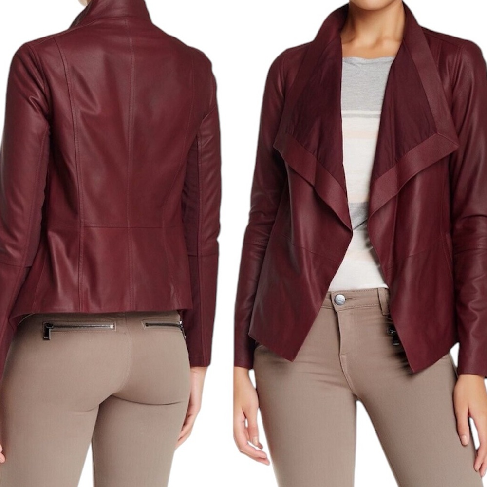 VINCE Leather Draped Open Front Jacket Small Burgundy Wine Bordeaux
